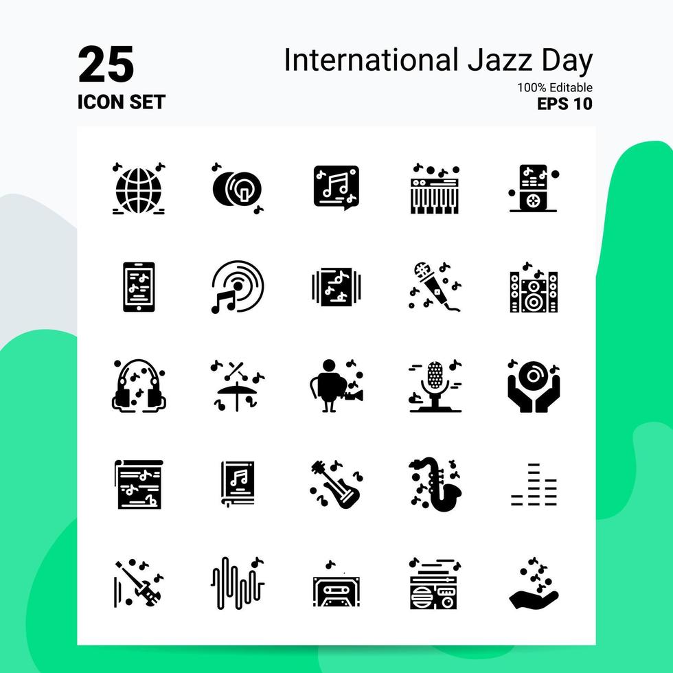 25 internazionale jazz giorno icona impostato 100 modificabile eps 10 File attività commerciale logo concetto idee solido glifo icona design vettore