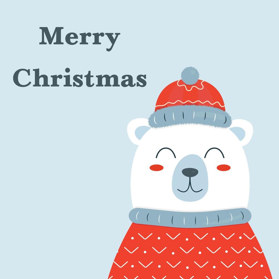 Natale cartolina con testo allegro Natale e carino orso su un' rosso sciarpa e maglione su un' blu sfondo vettore