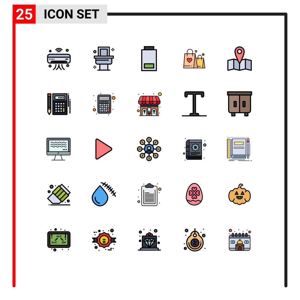 pittogramma impostato di 25 semplice pieno linea piatto colori di carta geografica nozze batteria cuore borsetta modificabile vettore design elementi