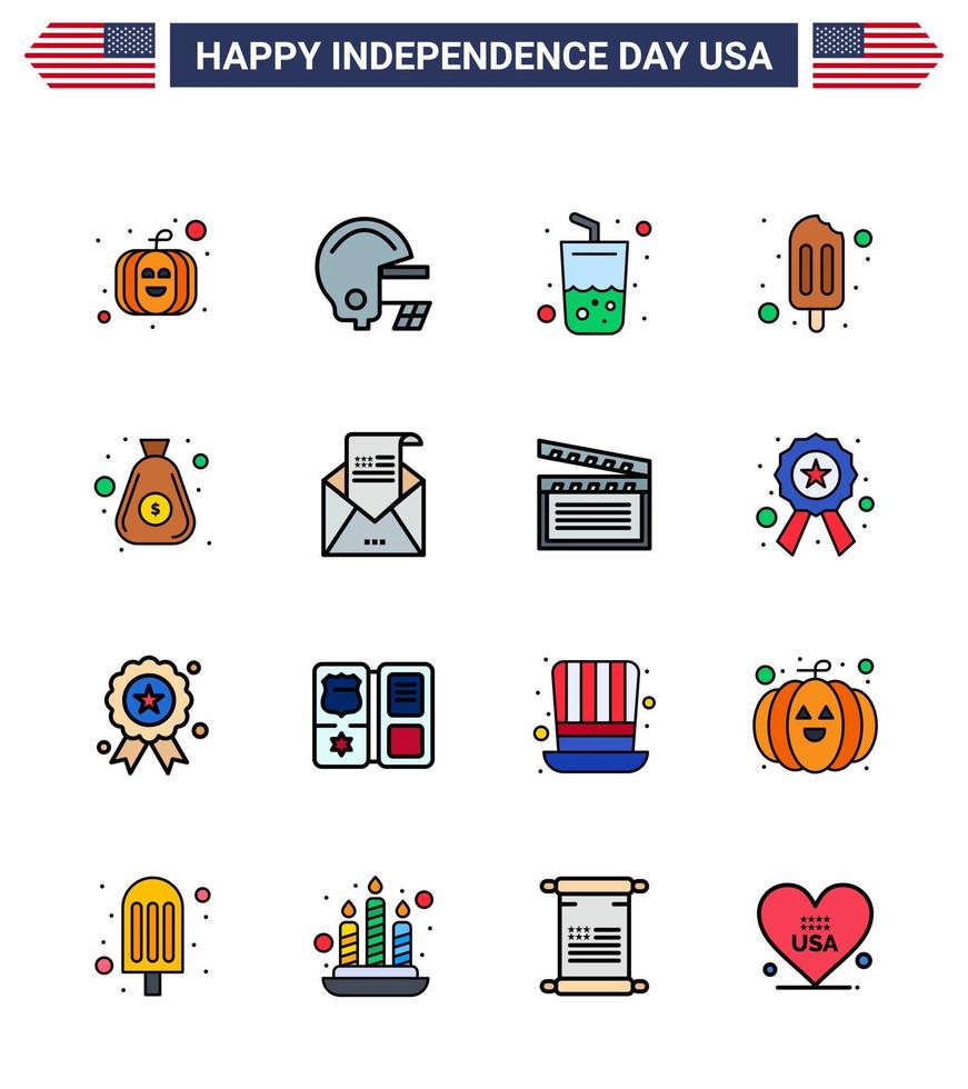 Stati Uniti d'America contento indipendenza pictogram impostato di 16 semplice piatto pieno Linee di e-mail Borsa estate i soldi crema modificabile Stati Uniti d'America giorno vettore design elementi