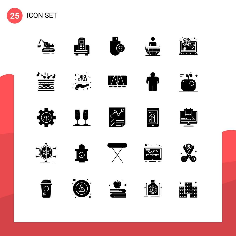 mobile interfaccia solido glifo impostato di 25 pittogrammi di Internet internazionale computer attività commerciale bastone modificabile vettore design elementi
