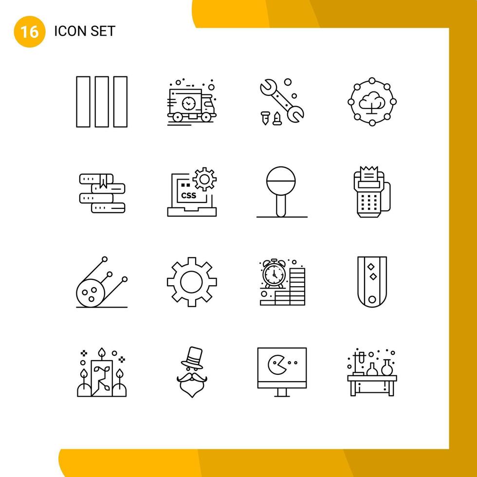 moderno impostato di 16 lineamenti pittogramma di codice biblioteca opzioni formazione scolastica Condividere modificabile vettore design elementi