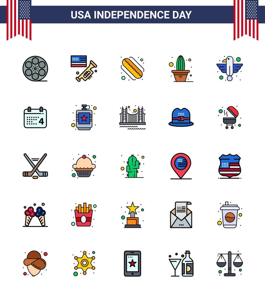 Stati Uniti d'America contento indipendenza pictogram impostato di 25 semplice piatto pieno Linee di uccello americano americano pentola fiore modificabile Stati Uniti d'America giorno vettore design elementi