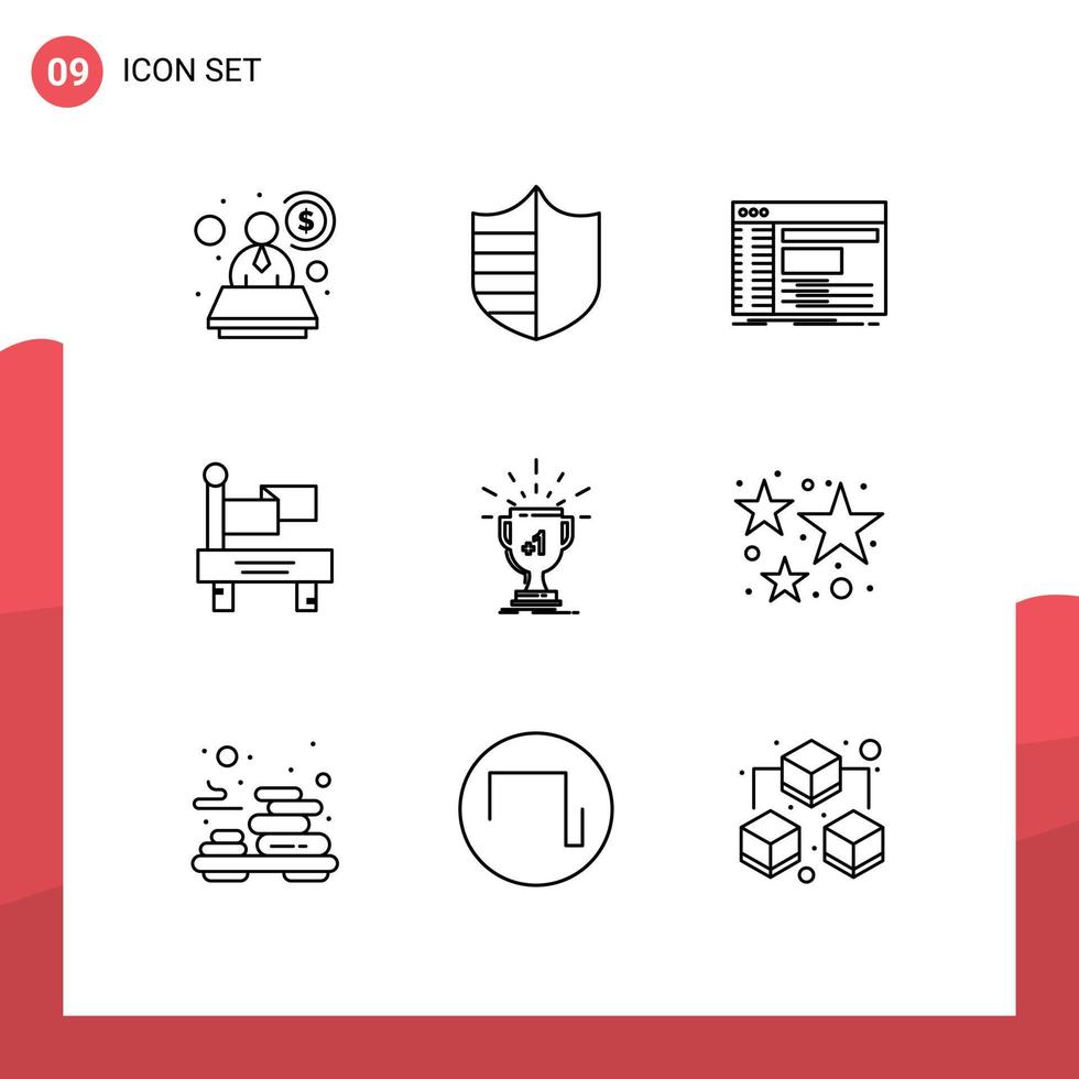 moderno impostato di 9 lineamenti pittogramma di vincere premio consolle mezzi di trasporto bandiera modificabile vettore design elementi