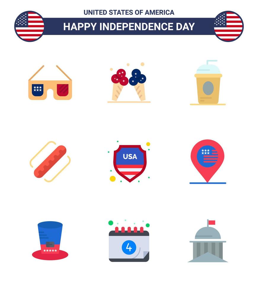 Stati Uniti d'America contento indipendenza pictogram impostato di 9 semplice appartamenti di sicurezza hot dog torta americano indipendenza modificabile Stati Uniti d'America giorno vettore design elementi