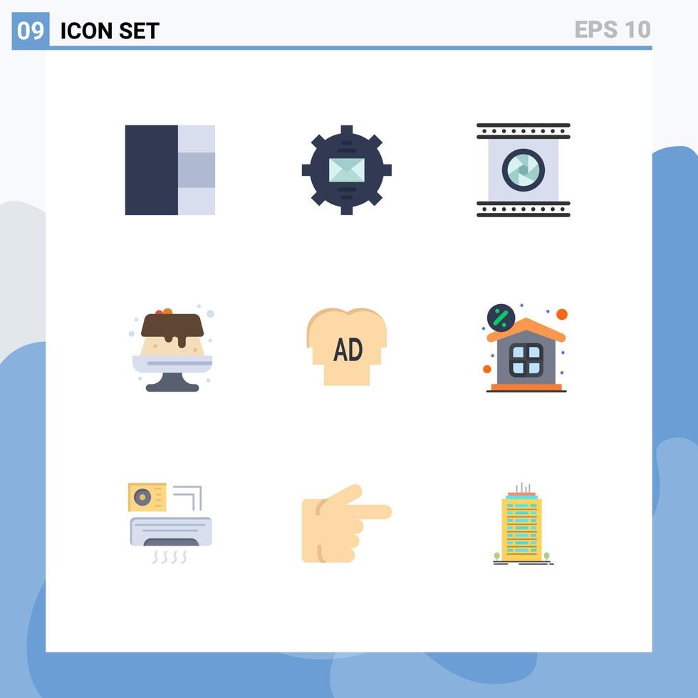 mobile interfaccia piatto colore impostato di 9 pittogrammi di ab elementare ottico lente torta cibo modificabile vettore design elementi