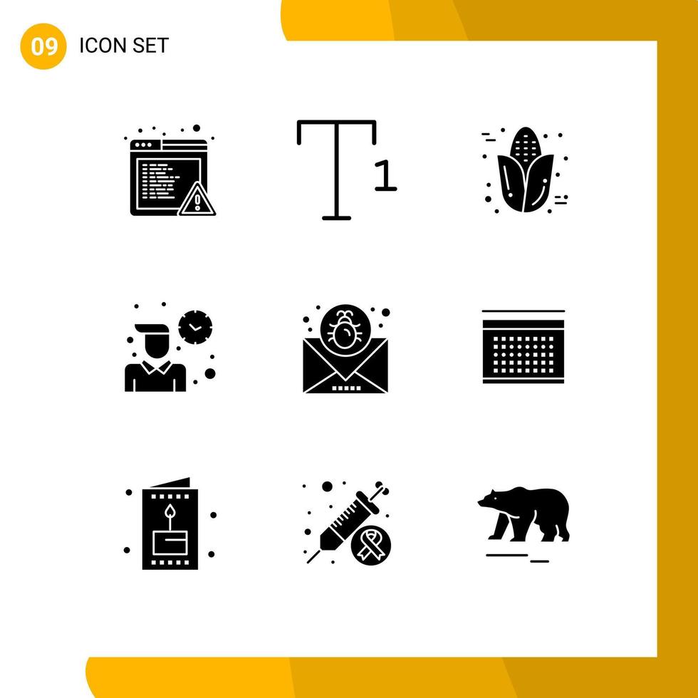 mobile interfaccia solido glifo impostato di 9 pittogrammi di Messaggio e-mail ringraziamento insetto Lavorando modificabile vettore design elementi