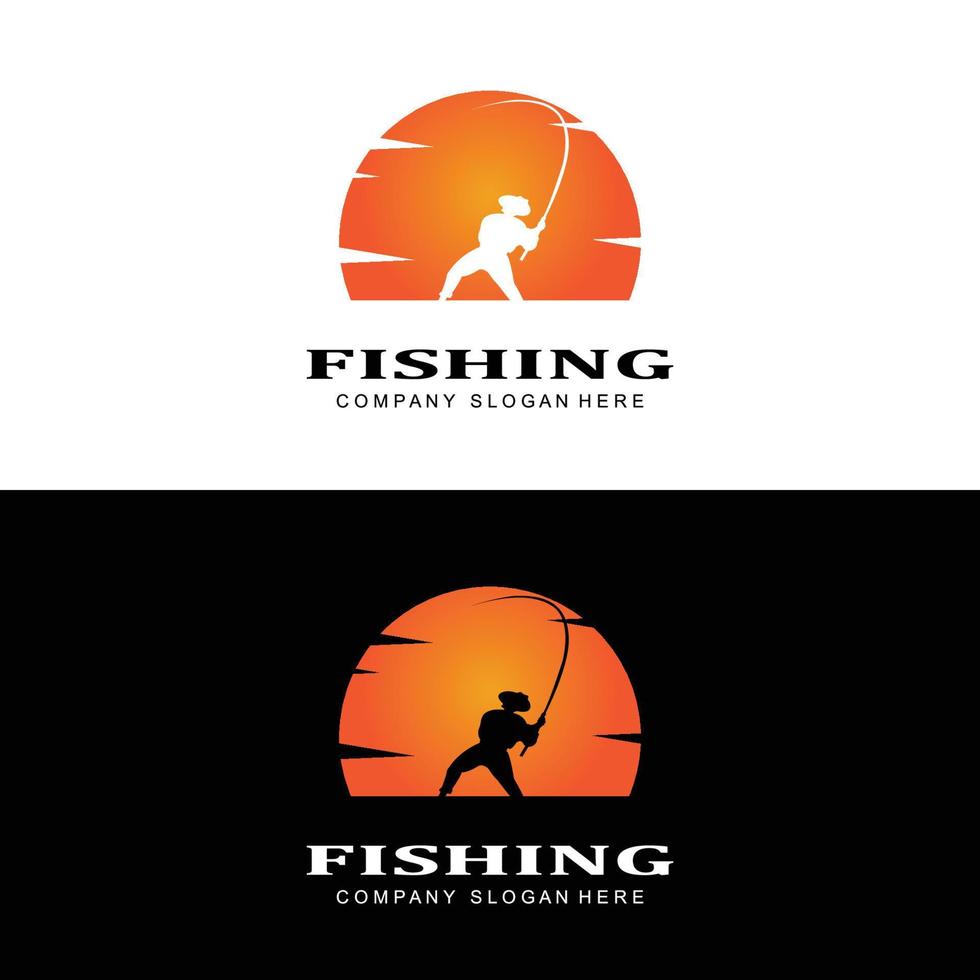 vettore icona logo pesca, pescare pesce sulla barca, design silhouette tramonto all'aperto