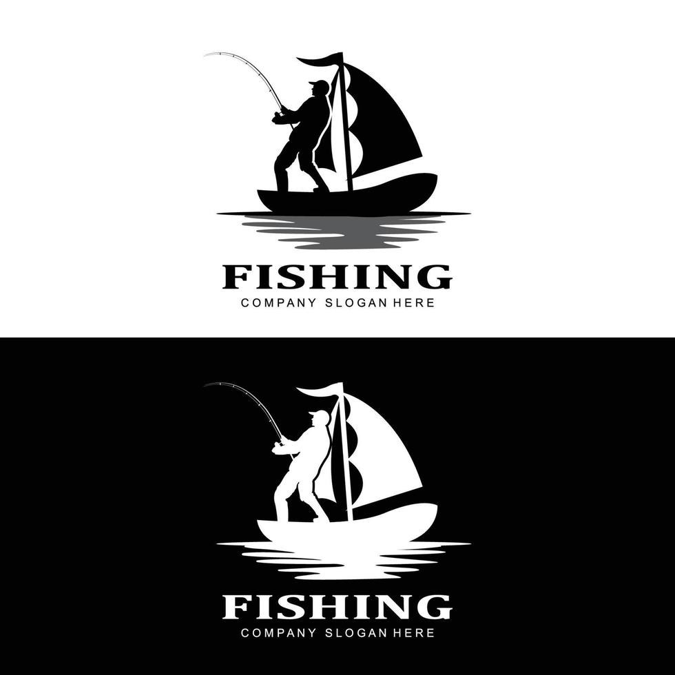 vettore icona logo pesca, pescare pesce sulla barca, design silhouette tramonto all'aperto