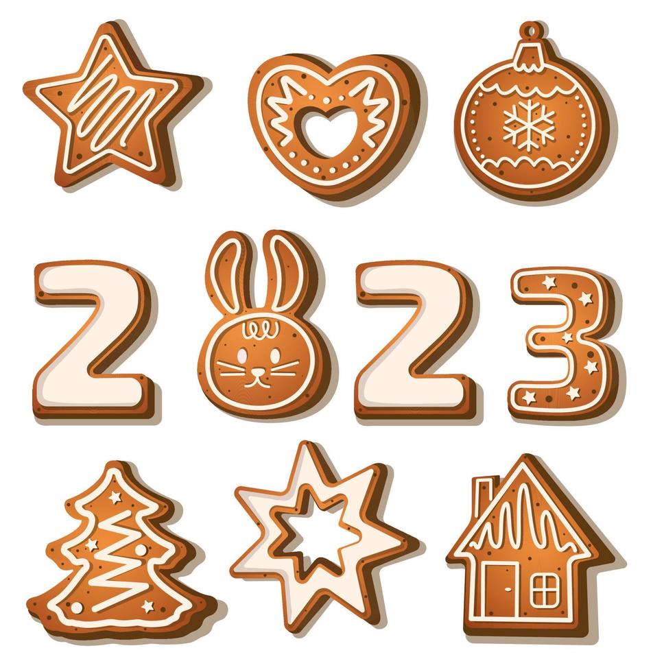 numeri e nuovo anno giocattoli nel il modulo di Pan di zenzero un' Natale albero, un' Pan di zenzero Casa, stelle, i fiocchi di neve e un' coniglio come un' simbolo di il nuovo anno 2023. disegnato nel cartone animato vettore stile