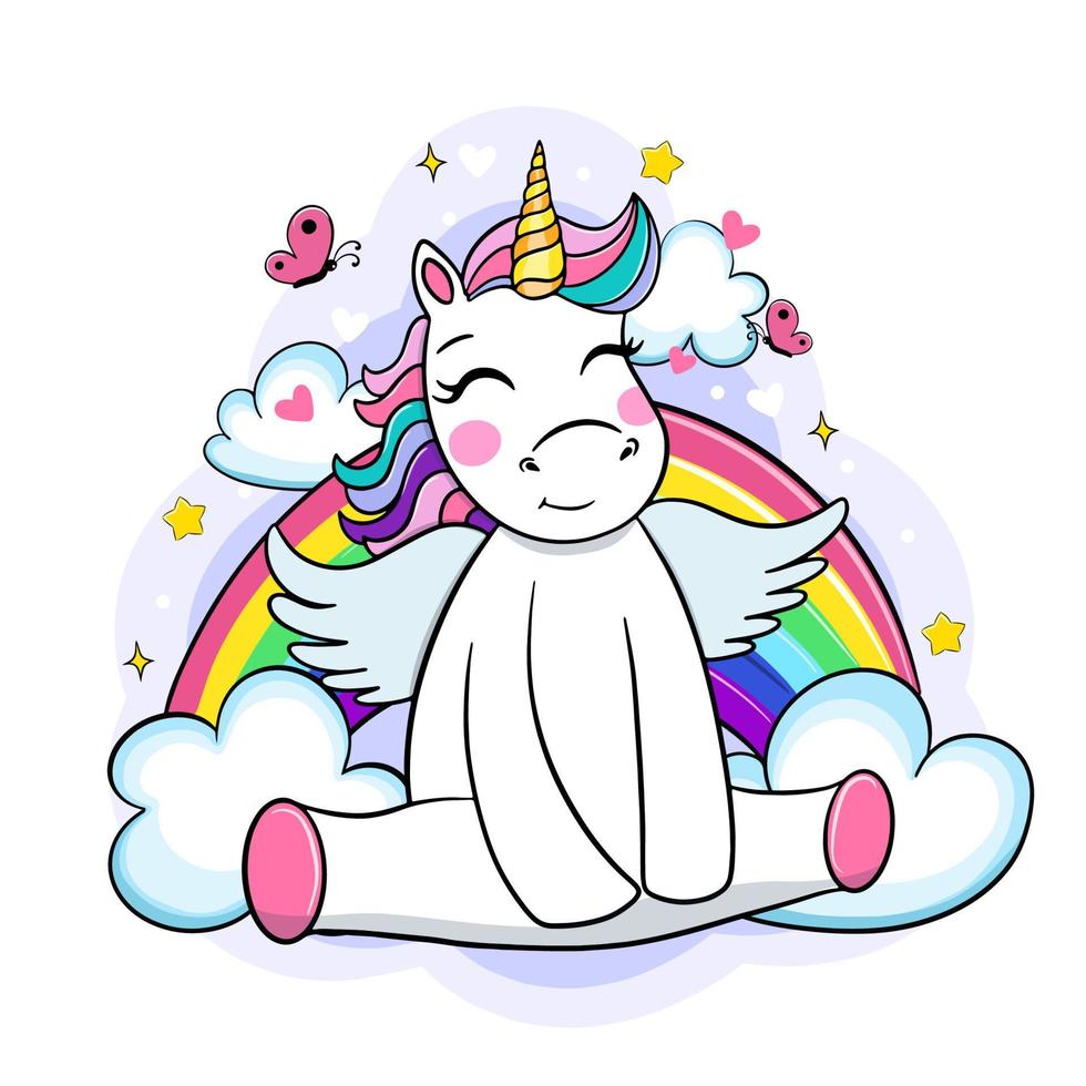 carino arcobaleno unicorno con nuvole e stelle, dolce sogni concetto, vettore illustrazione