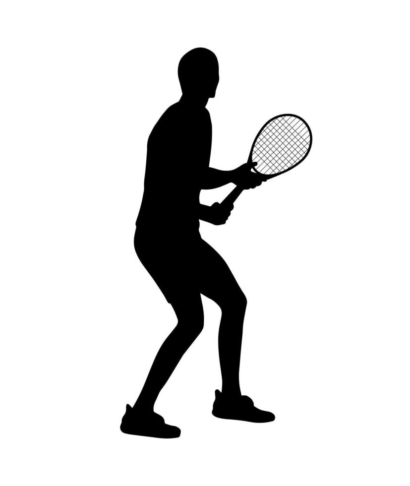 umano corpo silhouette con tennis racchetta. vettore semplice ombra forma emblema, piatto nero icona isolato su bianca indietro. logo design elemento. allegro uomo, giocando sport gioco.