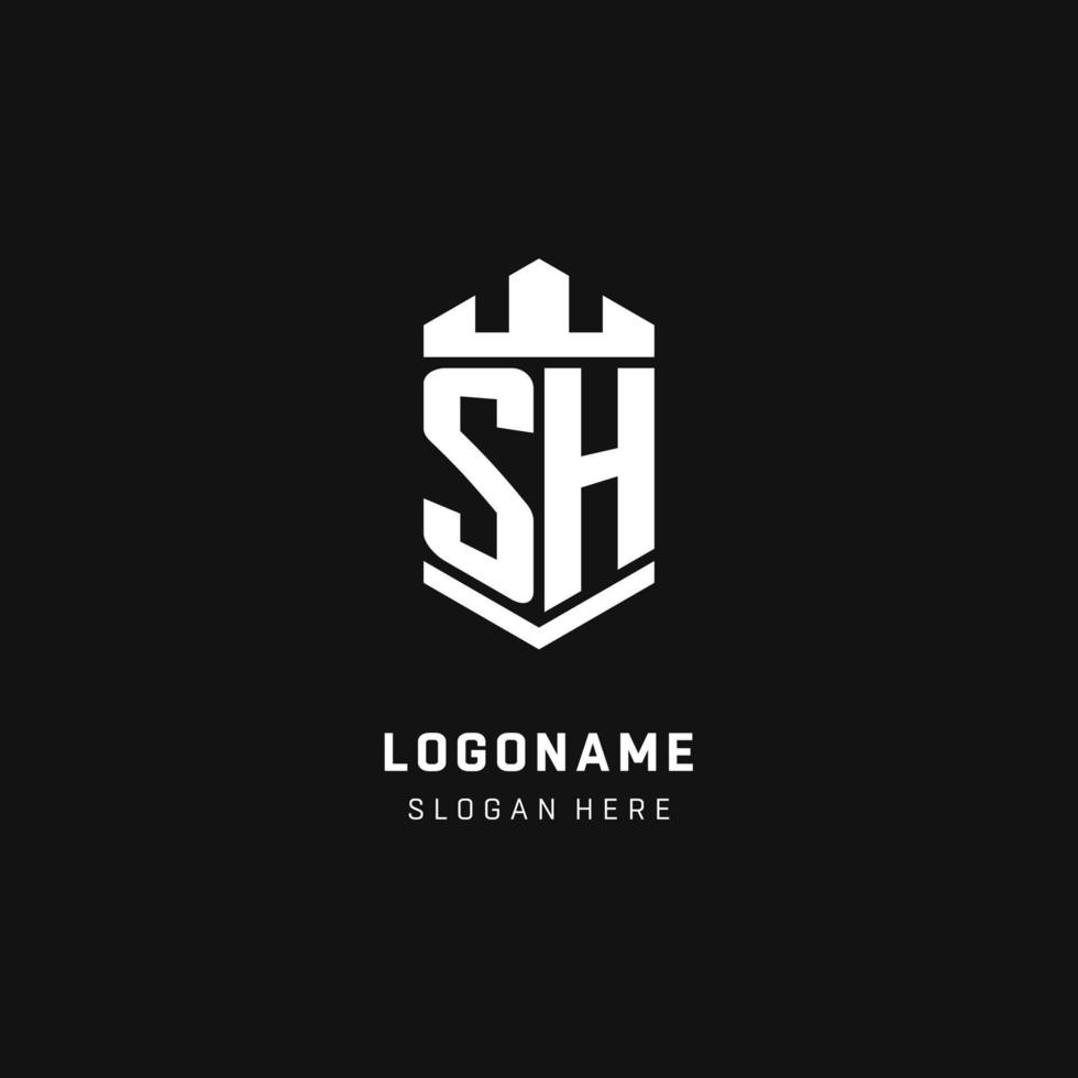 sh monogramma logo iniziale con corona e scudo guardia forma stile vettore