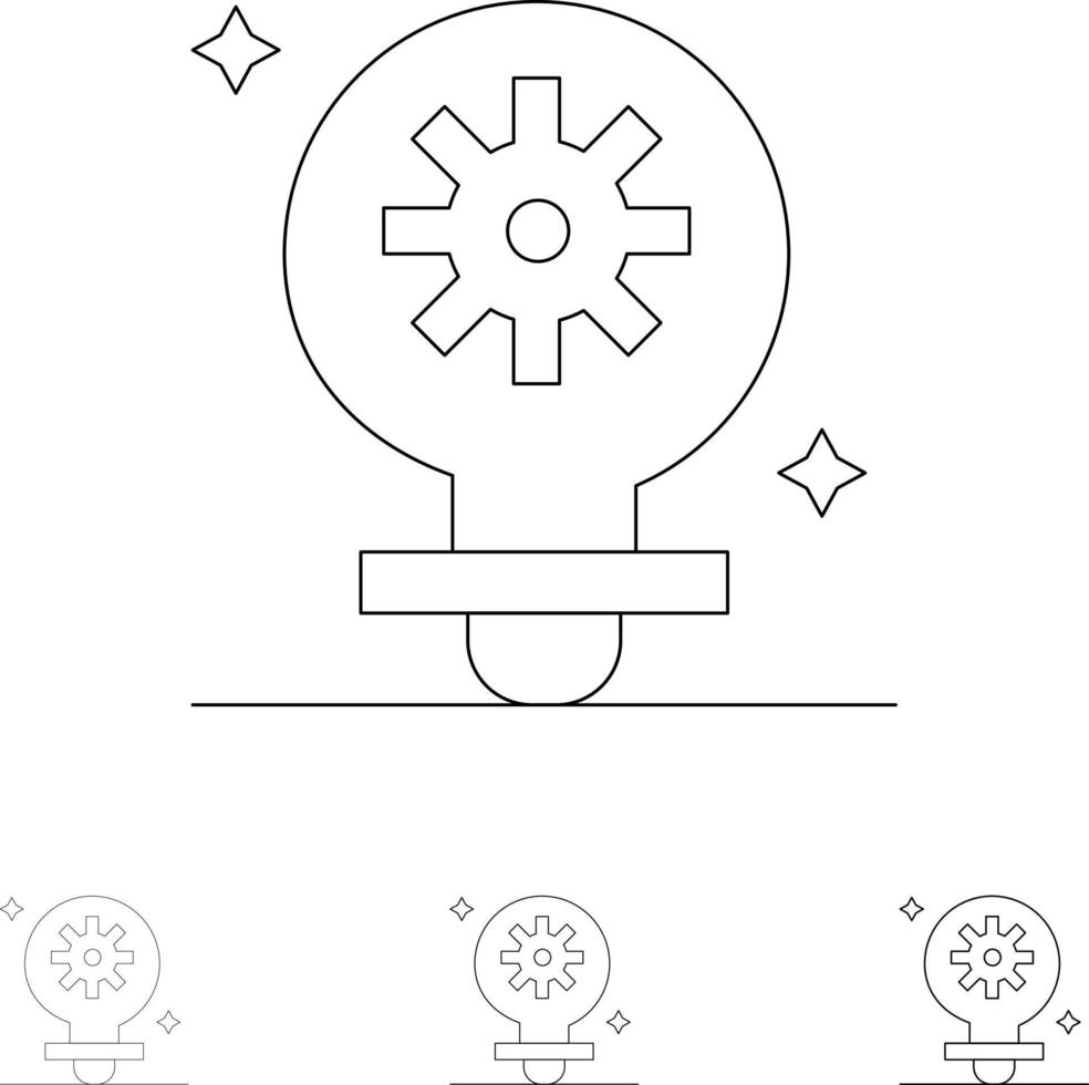 lampadina leggero ambientazione Ingranaggio grassetto e magro nero linea icona impostato vettore