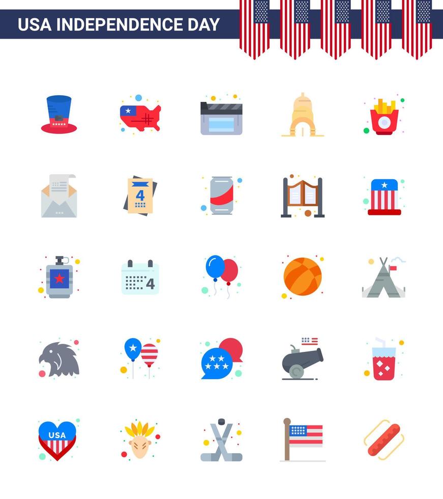 25 creativo Stati Uniti d'America icone moderno indipendenza segni e 4 ° luglio simboli di patatine fritte cibo cinema veloce edificio modificabile Stati Uniti d'America giorno vettore design elementi