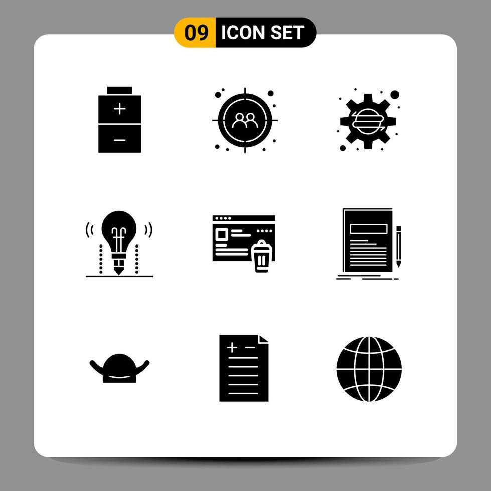 universale icona simboli gruppo di 9 moderno solido glifi di cartella scienza azienda soluzione lampadina modificabile vettore design elementi