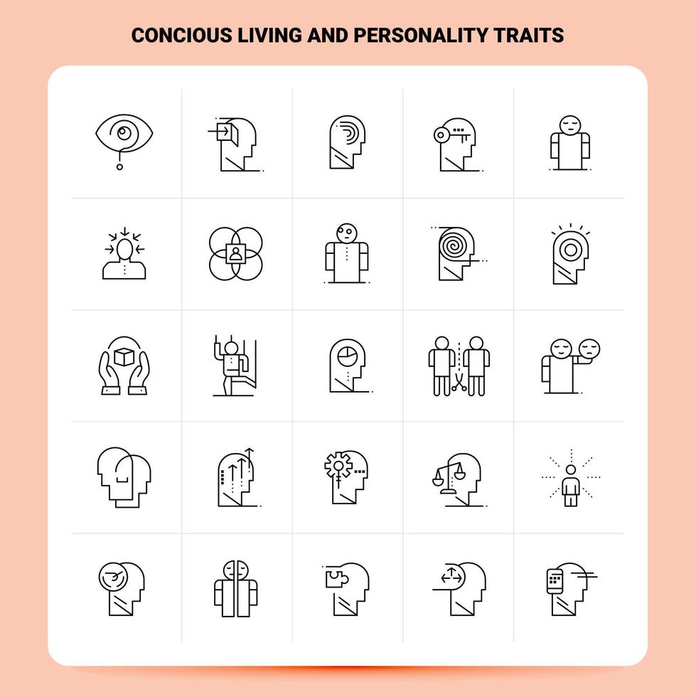 schema 25 consapevole vivente e personalità tratti icona impostato vettore linea stile design nero icone impostato lineare pittogramma imballare ragnatela e mobile attività commerciale idee design vettore illustrazione