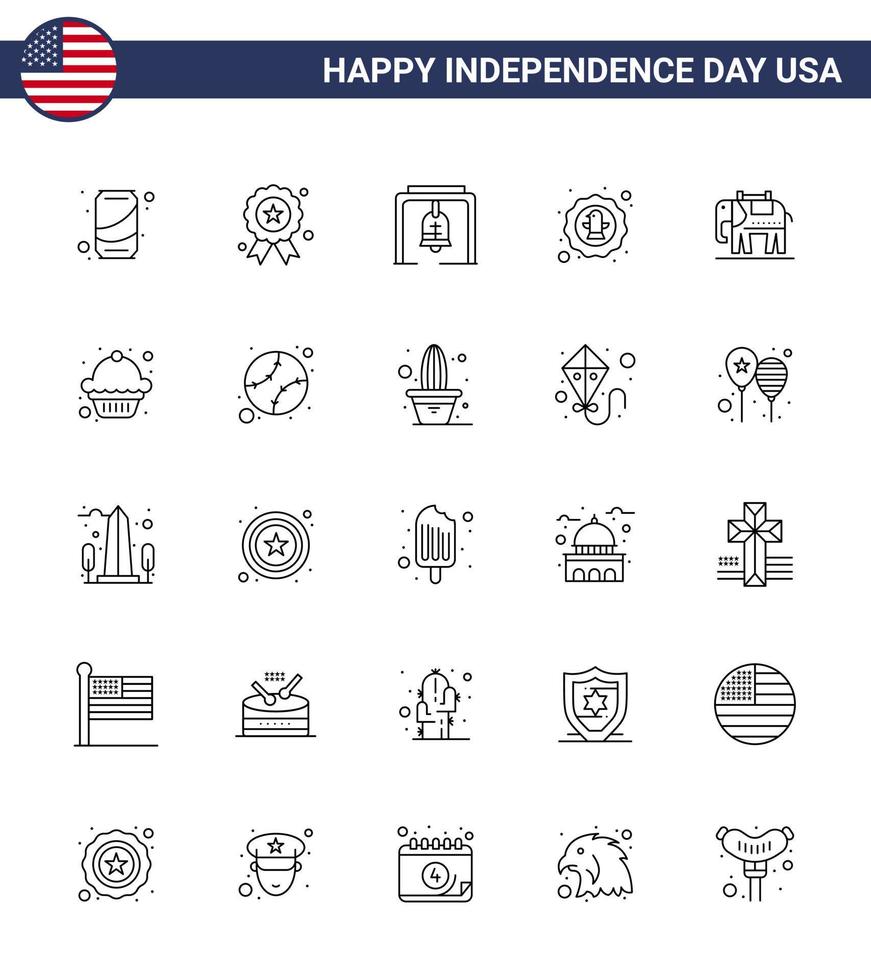 25 Stati Uniti d'America linea imballare di indipendenza giorno segni e simboli di elefante aquila mettere in guardia celebrazione americano modificabile Stati Uniti d'America giorno vettore design elementi