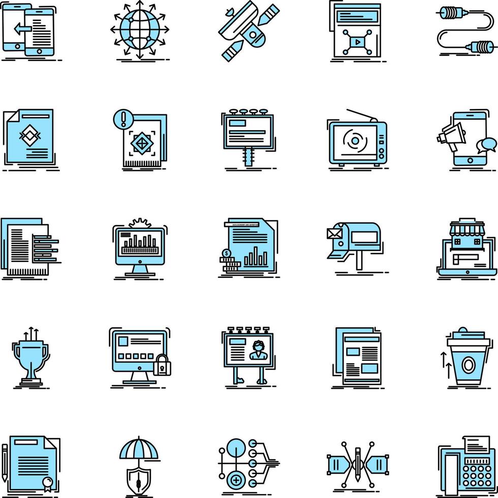 25 dati economia e pubblicità media nero e blu icona impostato creativo icona design e logo modello creativo nero icona vettore sfondo