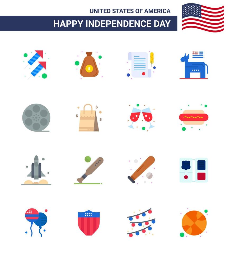 16 Stati Uniti d'America piatto imballare di indipendenza giorno segni e simboli di video film carta simbolo americano modificabile Stati Uniti d'America giorno vettore design elementi
