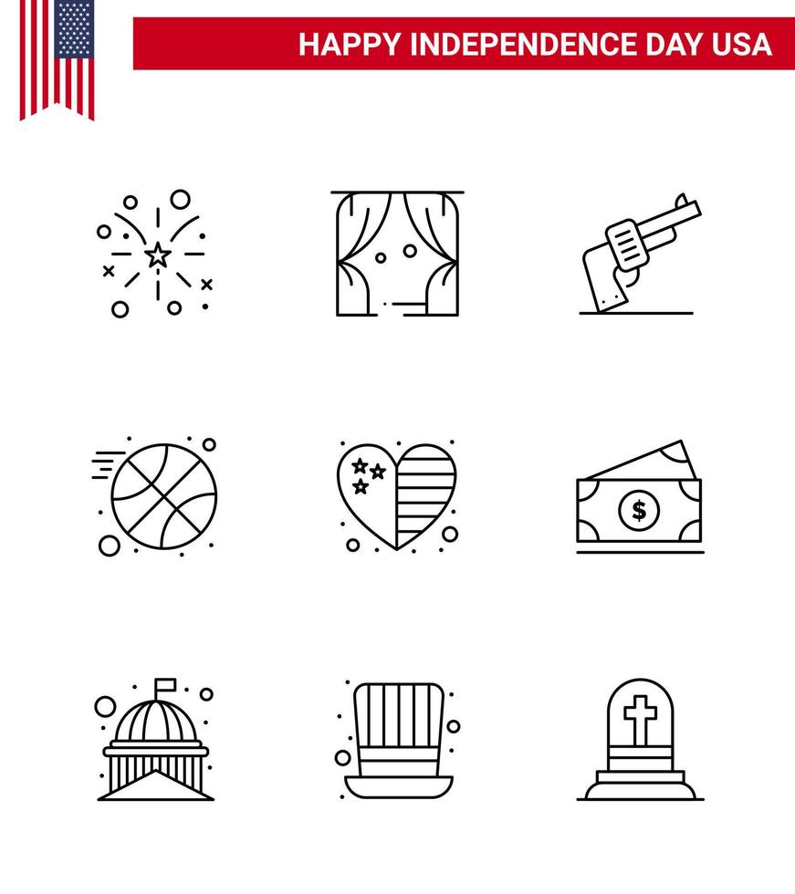 moderno impostato di 9 Linee e simboli su Stati Uniti d'America indipendenza giorno come come bandiera cuore pistola gli sport pallacanestro modificabile Stati Uniti d'America giorno vettore design elementi