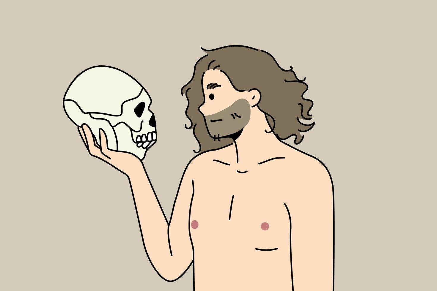 neandertaliano uomo Tenere nel braccia parlando per antenato cranio. preistorico maschio con antico umano testa scatola cranica nel mani. vettore illustrazione.