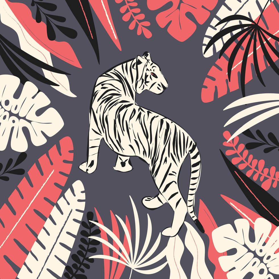 tigre bianca disegnata a mano con foglie tropicali esotiche, illustrazione vettoriale piatta