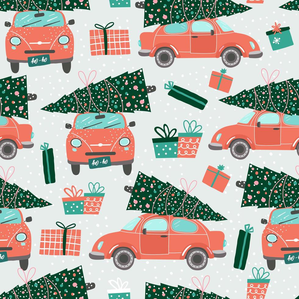 seamless con auto rosse e alberi di Natale vettore