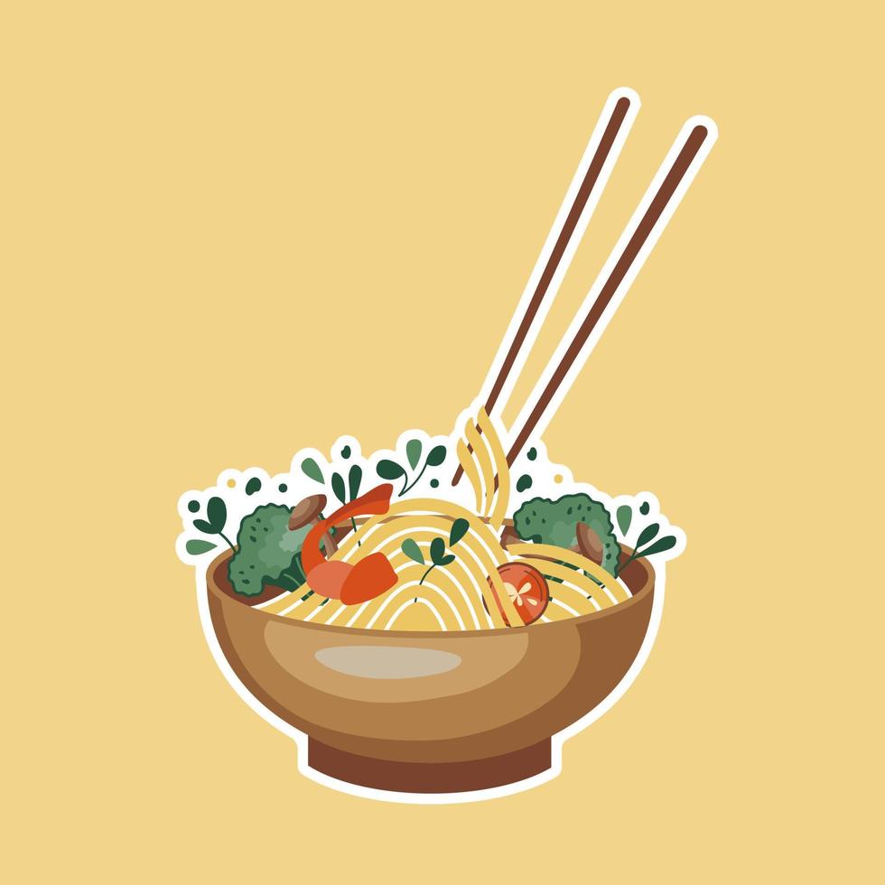 asiatico cibo etichetta. tagliatelle con gamberetto, broccoli, funghi, e caldo Pepe. adatto per ristorante striscioni, loghi, e veloce cibo annunci. coreano o Cinese cibo. vettore