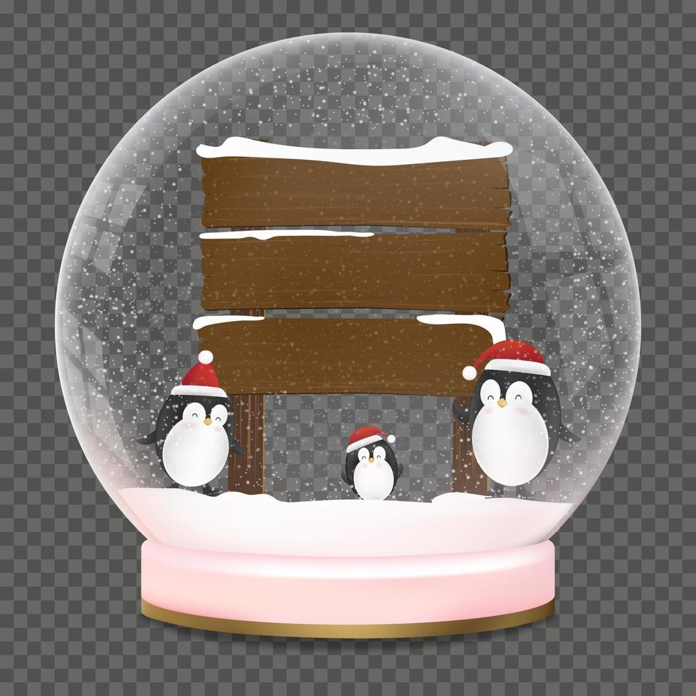 Natale palla con carino pinguini indossare rosso Natale cappello giocando ghiaccio pattinando su neve Il prossimo per legna cartello inviare su trasparente sfondo, vettore elemento neve globo cristallo per nuovo anno, inverno, natale gif