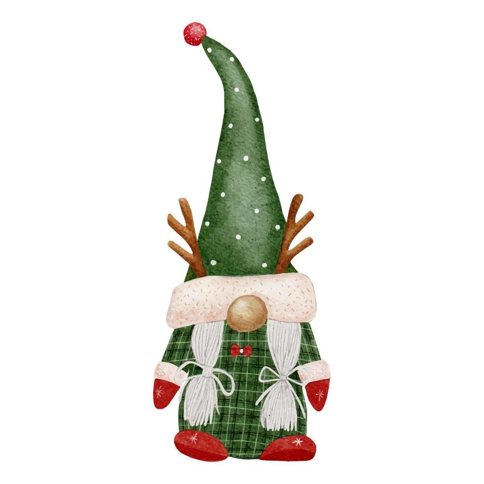 Natale gnomo indossare Santa Claus verde cappello isolato su bianca sfondo. acquerello mano dipingere carino scandinavo nani, vettore illustrazione elementi personaggio per allegro natale, nuovo anno saluto