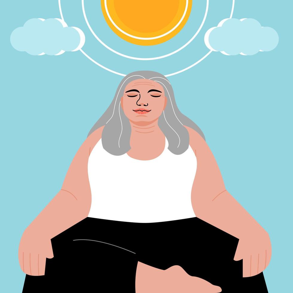 un Sambuco donna fare yoga esercizio e meditando, piatto vettore illustrazione.