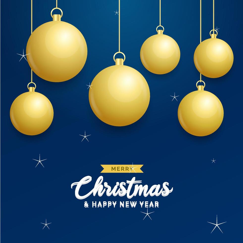 Natale blu sfondo con sospeso splendente d'oro palle. allegro Natale saluto carta. vacanza natale e nuovo anno manifesto. ragnatela bandiera vettore