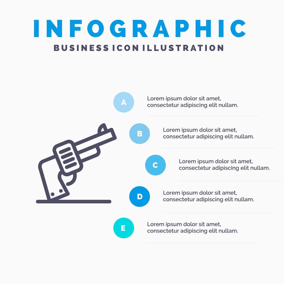 pistola mano arma americano linea icona con 5 passaggi presentazione infografica sfondo vettore