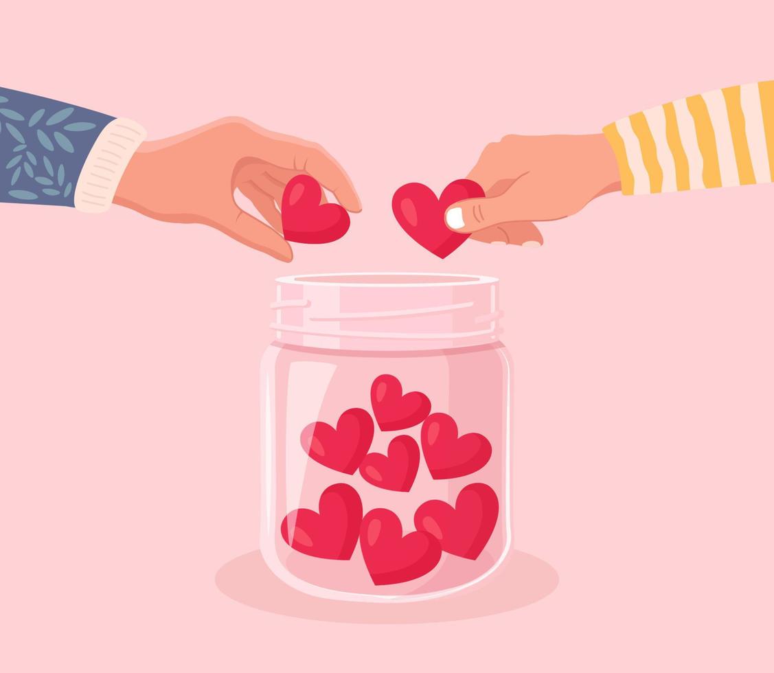 volontari mani Tenere cuore simbolo e mettere cuori nel un' bicchiere barattolo. dare e Condividere il tuo amore, speranza, supporto per le persone. beneficenza, donazione e generoso sociale Comunità vettore