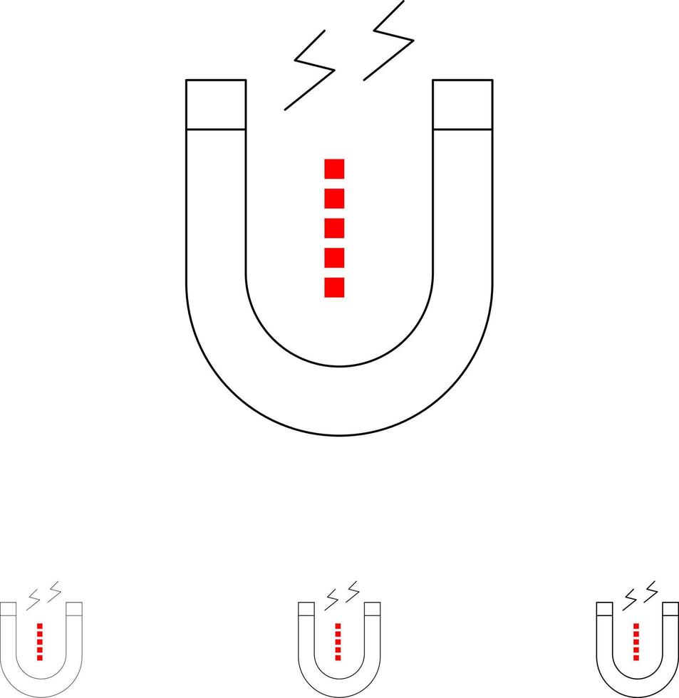 magnete attirare attrarre attrezzo grassetto e magro nero linea icona impostato vettore