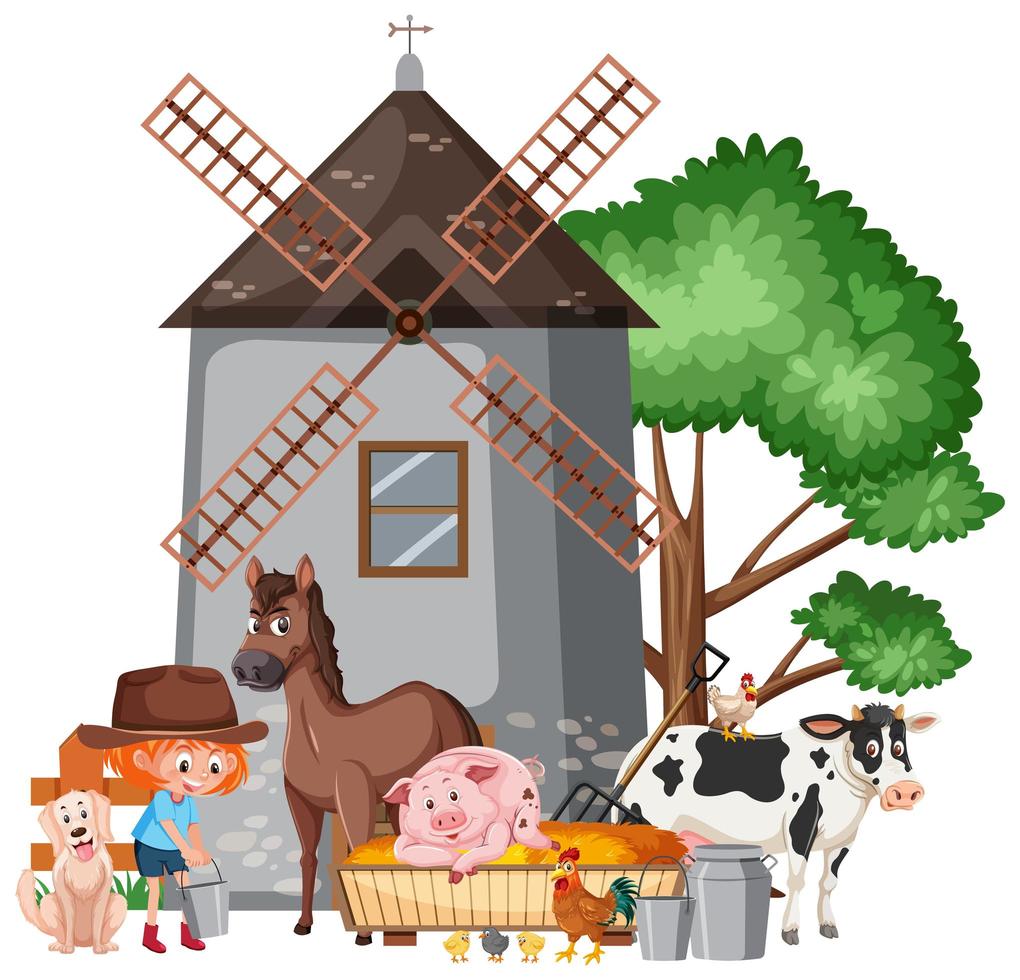 scena con farmgirl che alimenta molti animali nella fattoria vettore