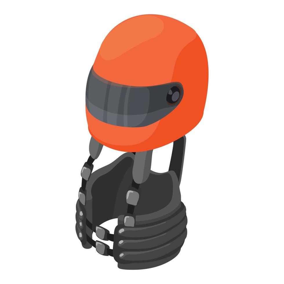 abbigliamento sportivo icona isometrico vettore. rosso karting casco e karting costola veste icona vettore