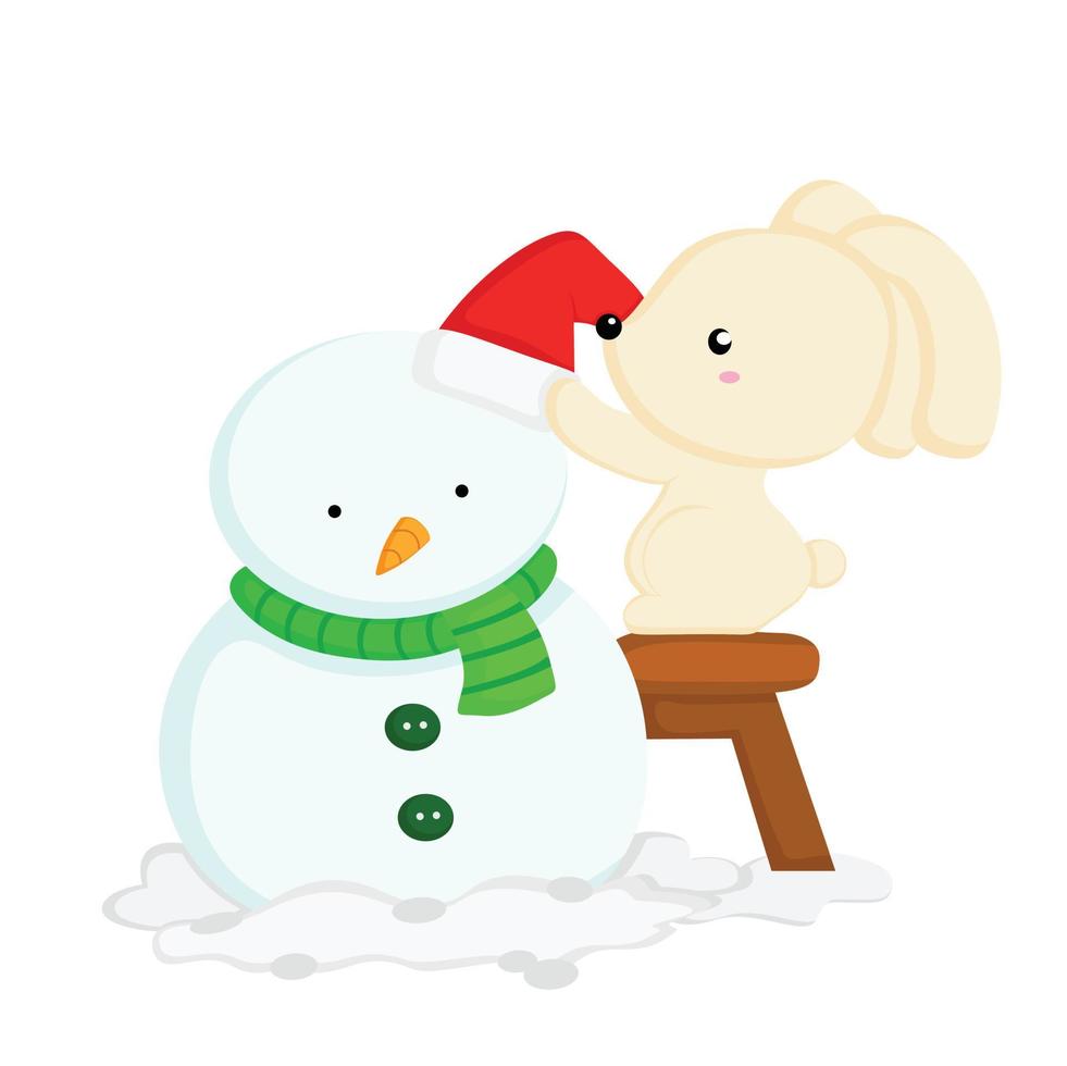 Natale animale coniglio e pupazzo di neve illustrazione vettore clipart