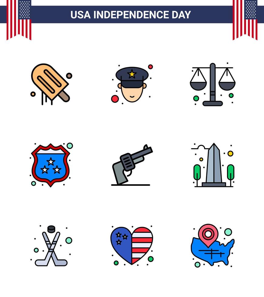 Stati Uniti d'America contento indipendenza pictogram impostato di 9 semplice piatto pieno Linee di arma pistola giustizia polizia sicurezza modificabile Stati Uniti d'America giorno vettore design elementi