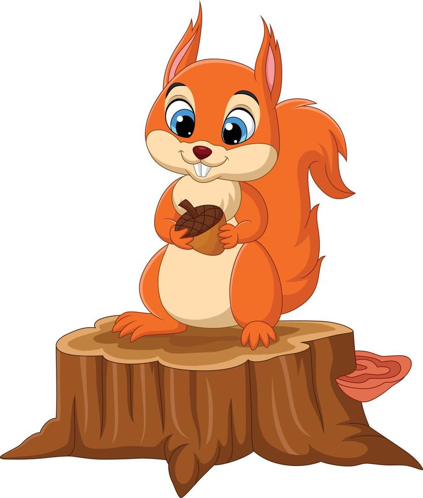 cartone animato divertente scoiattolo Tenere un' pino cono su albero ceppo vettore