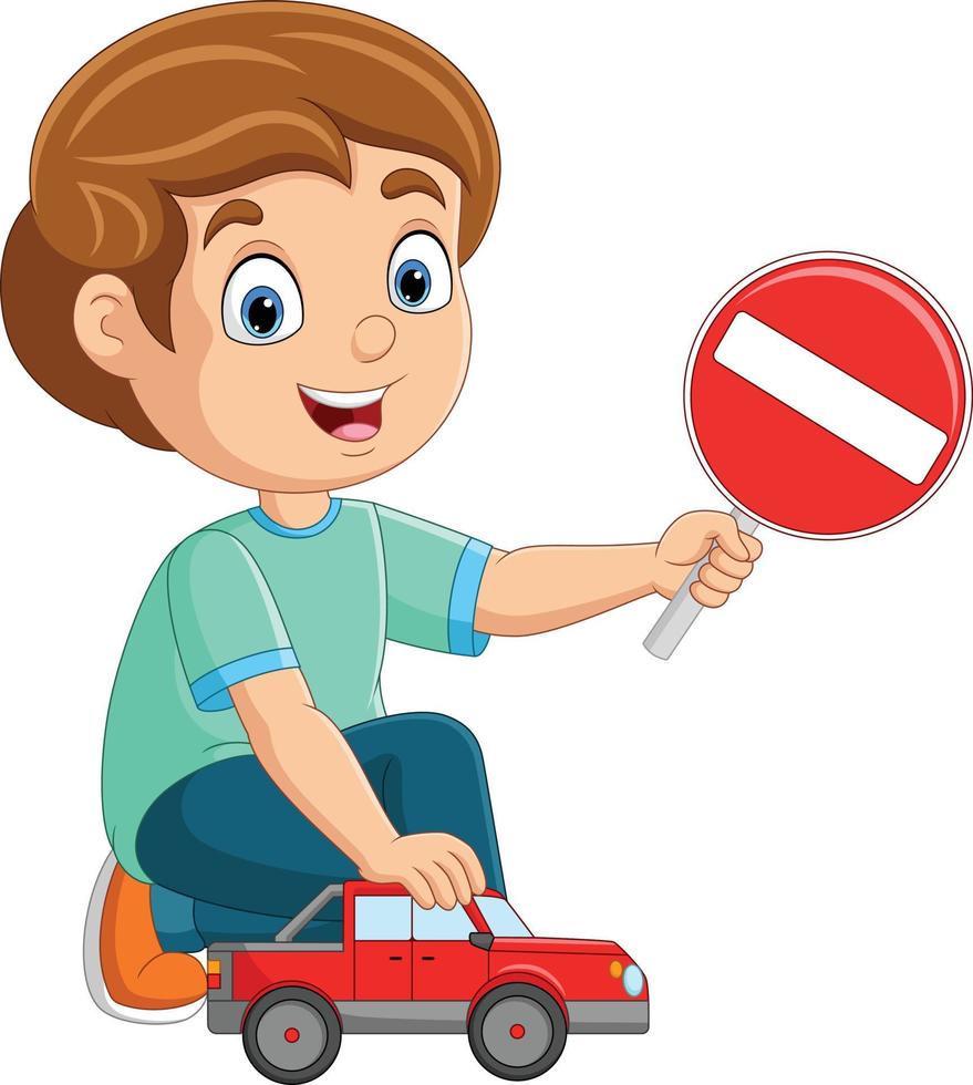 carino poco ragazzo giocando auto con Tenere fermare cartello vettore