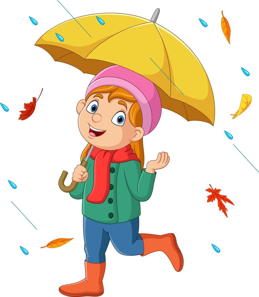 cartone animato poco ragazza Tenere ombrello nel il pioggia e caduta autunno le foglie vettore