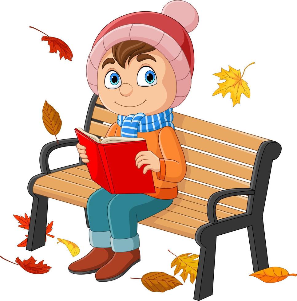 cartone animato poco ragazzo seduta a panchina con lettura un' libro vettore