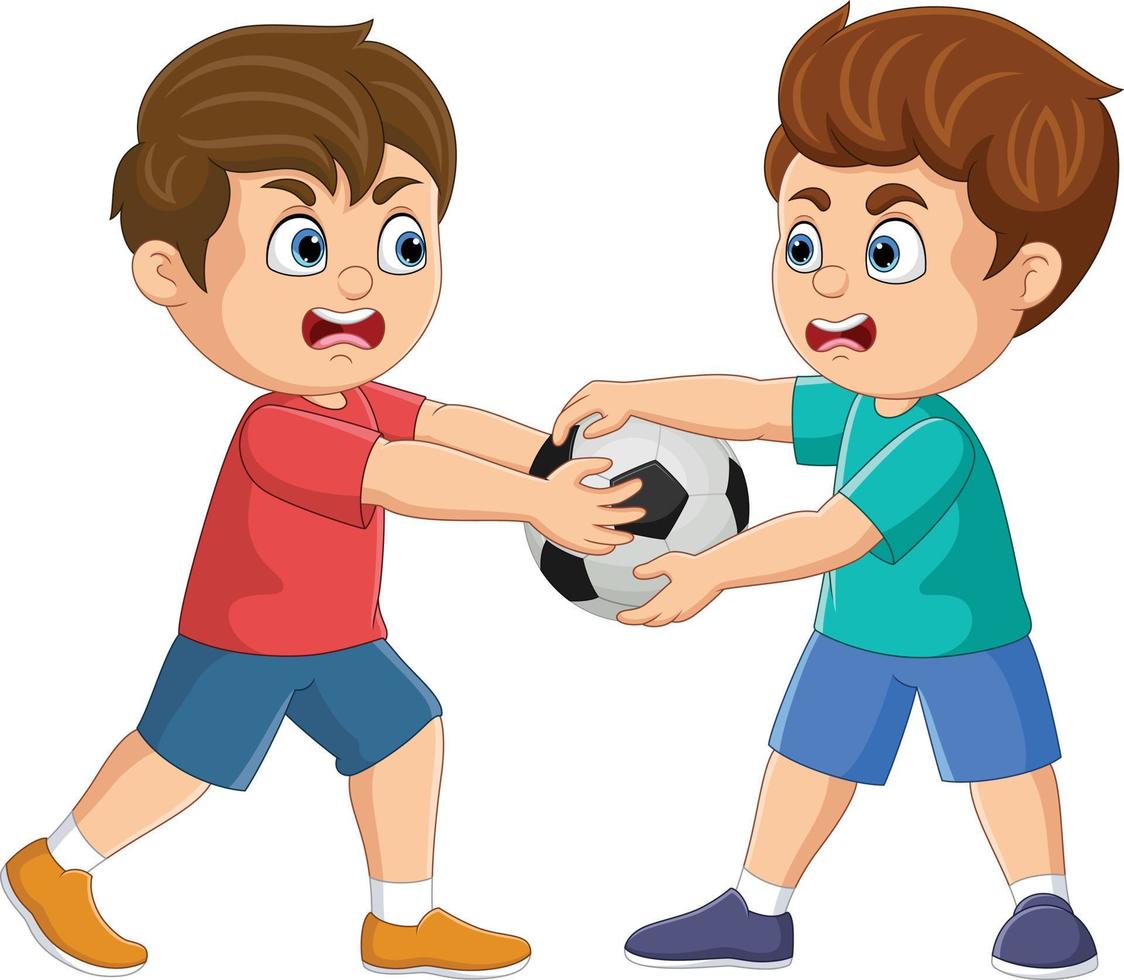 cartone animato Due ragazzi combattente al di sopra di un' calcio palla vettore