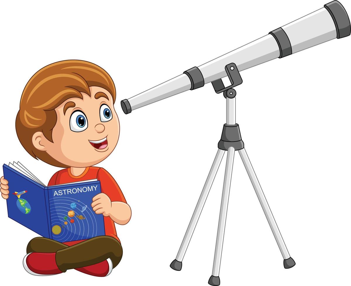 cartone animato poco ragazzo guardare attraverso un' telescopio vettore