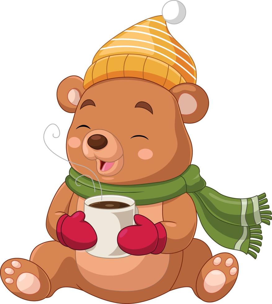 carino orso cartone animato indossare sciarpa e cappello con caldo caffè vettore