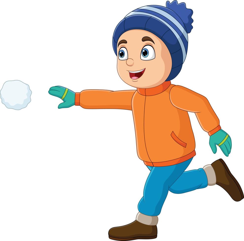 ragazzino del fumetto in abiti invernali che lanciano palle di neve vettore