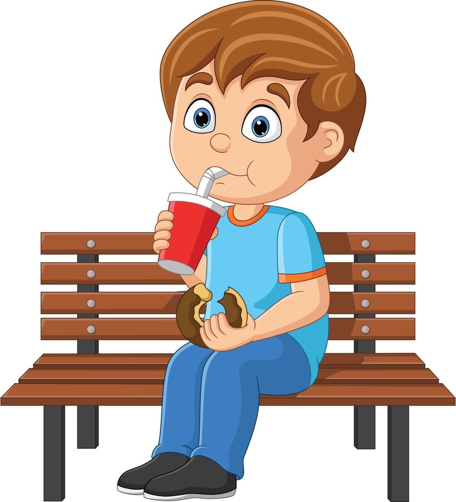 cartone animato poco ragazzo mangiare ciambella e bevanda bibita su panchina vettore