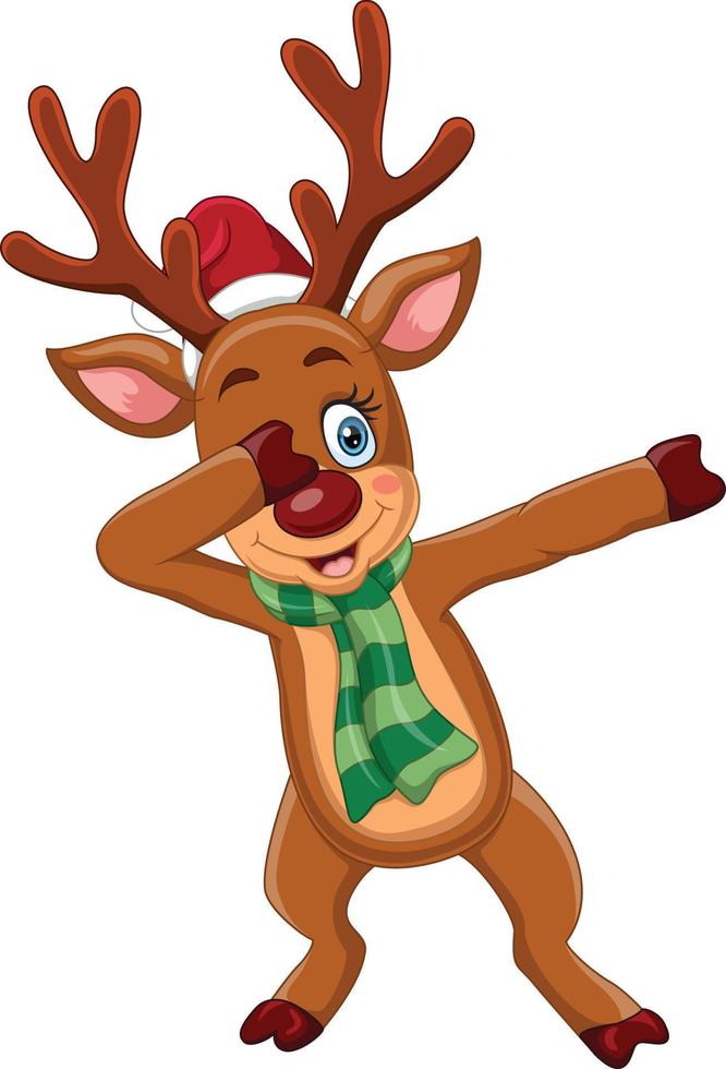 cartone animato tamponando cervo con Santa cappello e sciarpa vettore
